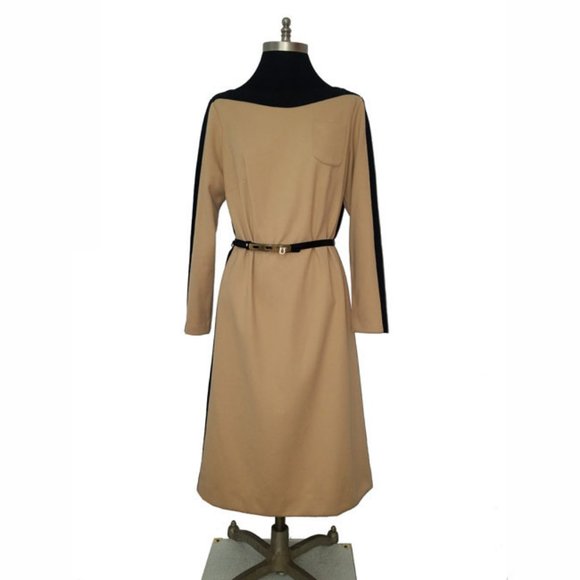Vtg 70s Tan Black Trim Shift Dress M - Picture 1 of 7